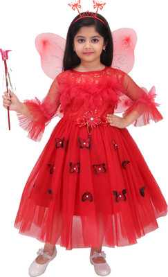 ARUNA CREATIONn Girls Calf Length Party Dress(Red, 3/4 Sleeve)
