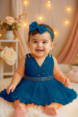 F B Collction Girls Midi/Knee Length Party Dress(Blue, Sleeveless)