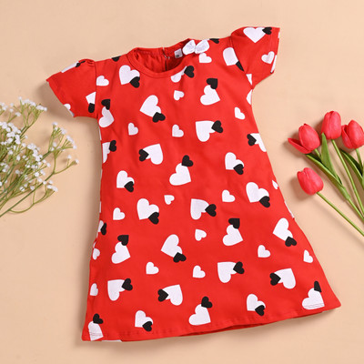 Cleopat Girls Above Knee Casual Dress(Red, Half Sleeve)