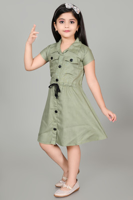 Paramount NX Indi Girls Midi/Knee Length Casual Dress(Green, Short Sleeve)