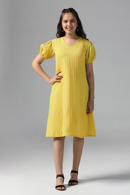 Ompax Girls Midi/Knee Length Casual Dress(Yellow, Sleeveless)