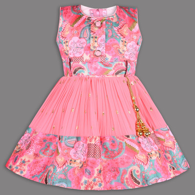 Wishkaro Girls Midi/Knee Length Party Dress(Pink, Sleeveless)