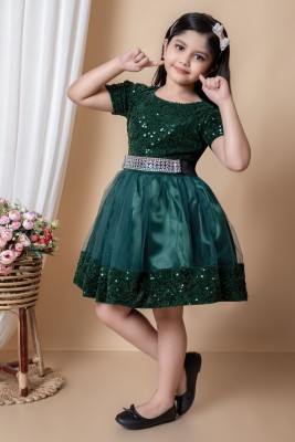 TIKTOK FASHION Girls Midi/Knee Length Party Dress(Green, Short Sleeve)