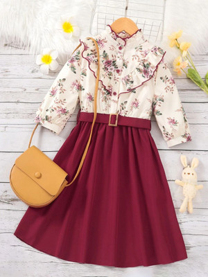 Jayshree Enterprise Indi Girls Midi/Knee Length Party Dress(Maroon, 3/4 Sleeve)