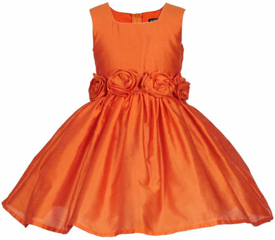 Wow princess Girls Midi/Knee Length Casual Dress(Orange, Sleeveless)