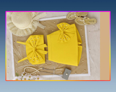 QUITIEEE Girls Below Knee Festive/Wedding Dress(Yellow, Short Sleeve)