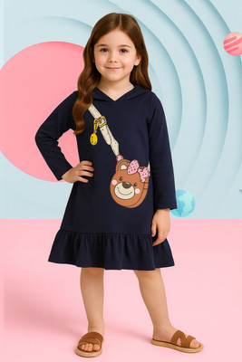 Lazy Shark Girls Midi/Knee Length Casual Dress(Blue, Full Sleeve)