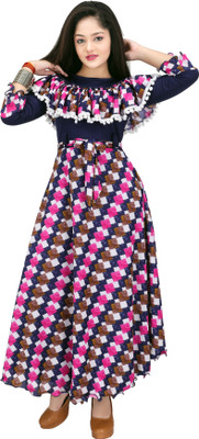MRM CREATION Girls Maxi/Full Length Casual Dress(Blue, 3/4 Sleeve)