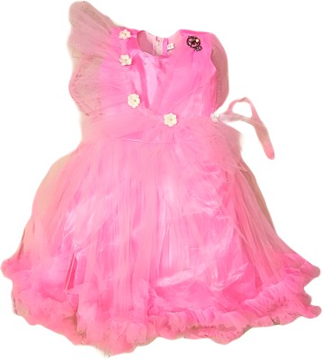 KEPT TOWN Girls Below Knee Festive/Wedding Dress(Pink, Sleeveless)