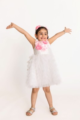 A Little Fable Girls Midi/Knee Length Party Dress(Pink, Sleeveless)