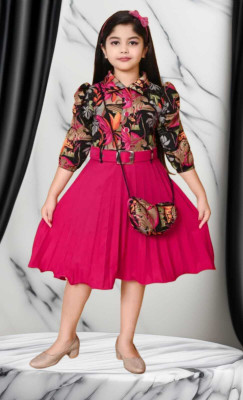 QFF Indi Girls Midi/Knee Length Party Dress(Black, Pink, 3/4 Sleeve)