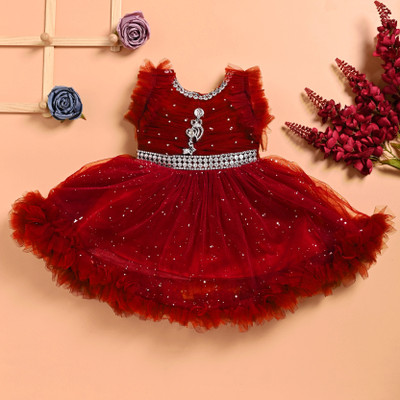 F B Collction Indi Baby Girls Midi/Knee Length Festive/Wedding Dress(Red, Sleeveless)