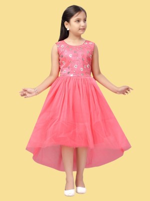 MUHURATAM Indi Girls Midi/Knee Length Party Dress(Pink, Sleeveless)