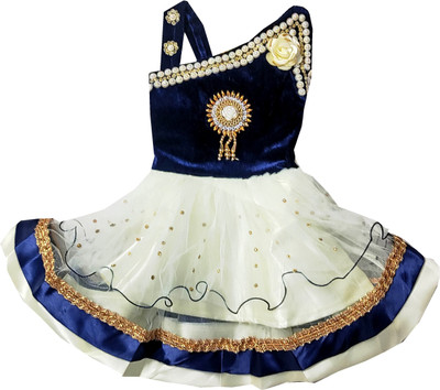 aruna creation Baby Girls Midi/Knee Length Festive/Wedding Dress(Blue, White, Sleeveless)