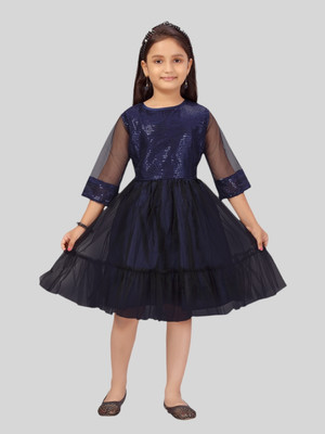 Aarika Girls Midi/Knee Length Party Dress(Dark Blue, 3/4 Sleeve)
