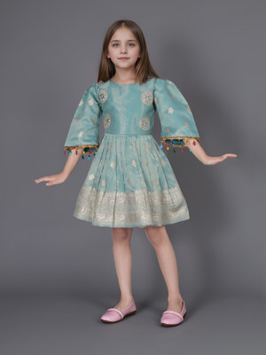 Ethzy Baby Girls Above Knee Casual Dress(Blue, 3/4 Sleeve)