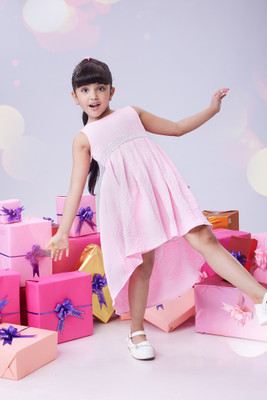 Mastarang Indi Girls Midi/Knee Length Casual Dress(Pink, Sleeveless)