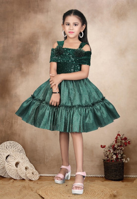 FV FABLY VALOR Indi Girls Below Knee Party Dress(Green, Fashion Sleeve)