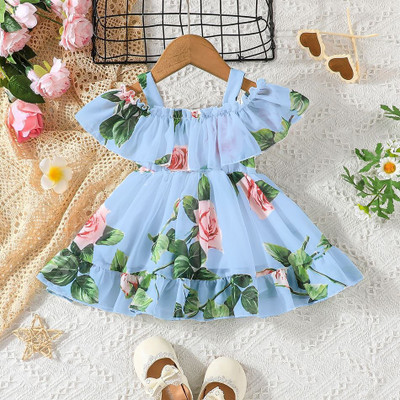 EVOSEL Girls Midi/Knee Length Casual Dress(Blue, Short Sleeve)