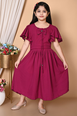 JANAM ENTERPRISE Baby Girls Midi/Knee Length Casual Dress(Maroon, Short Sleeve)