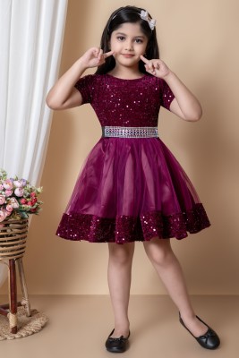 STYLE IQ Girls Midi/Knee Length Party Dress(Purple, Short Sleeve)