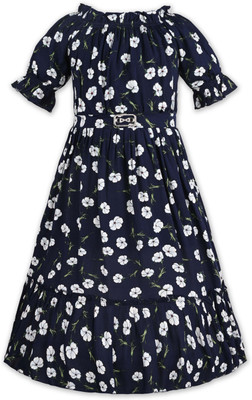 Wishkaro Girls Midi/Knee Length Party Dress(Dark Blue, Short Sleeve)