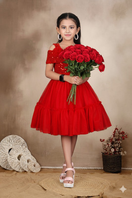 FV FABLY VALOR Girls Midi/Knee Length Festive/Wedding Dress(Red, Sleeveless)