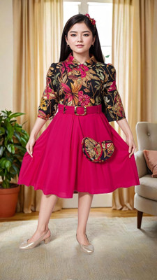 KidsCute Girls Calf Length Party Dress(Pink, 3/4 Sleeve)