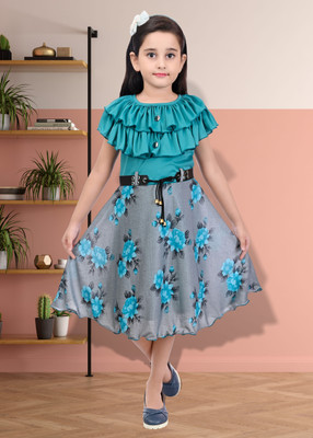 LR GIRLS Girls Midi/Knee Length Casual Dress(Green, Short Sleeve)