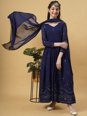 Kedar Fab Girls Festive & Party Kurta and Dupatta Set(Dark Blue Pack of 1)