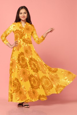 Mirrow Trade Girls Maxi/Full Length Casual Dress(Yellow, 3/4 Sleeve)