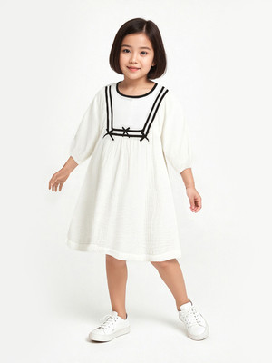 MAX Girls Below Knee Casual Dress(White, Half Sleeve)