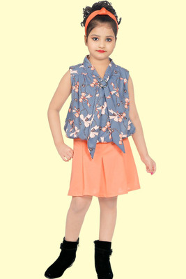 HSSTRENDS Baby Girls Below Knee Casual Dress(Orange, Sleeveless)