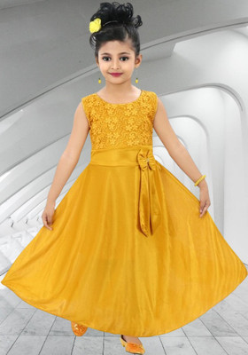 KidsCute Girls Maxi/Full Length Casual Dress(Yellow, Sleeveless)