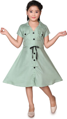 HALDER AND SONS Girls Midi/Knee Length Party Dress(Green, Short Sleeve)