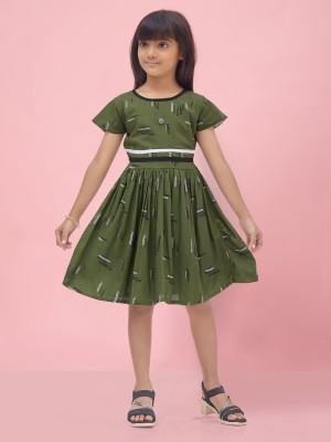 GLOBAL NOMAD Girls Midi/Knee Length Casual Dress(Green, Short Sleeve)