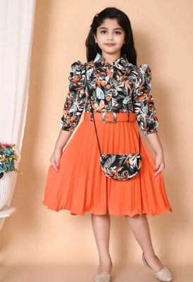 IKONIC FASHION Girls Midi/Knee Length Party Dress(Orange, 3/4 Sleeve)