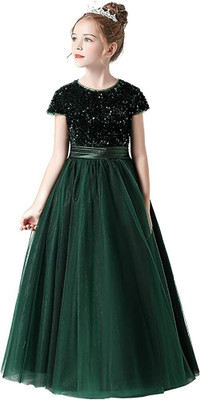 VAANI ENTERPRISE Girls Maxi/Full Length Party Dress(Dark Green, Short Sleeve)