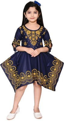 ZOMZOM FASHION Girls Midi/Knee Length Party Dress(Blue, 3/4 Sleeve)