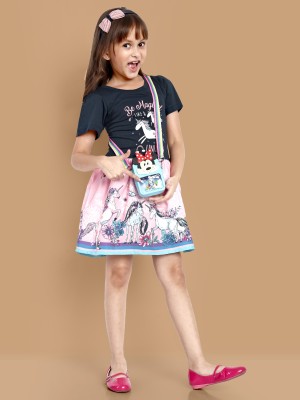 Lazy Shark Girls Midi/Knee Length Casual Dress(Multicolor, Short Sleeve)