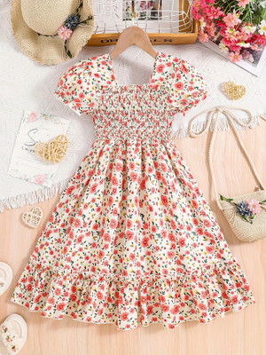 Sheetal Associates Indi Girls Midi/Knee Length Casual Dress(Beige, Black, Short Sleeve)