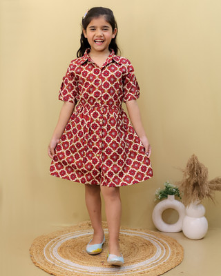 Pari Mahal Girls Below Knee Casual Dress(Red, Short Sleeve)