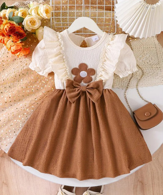 ssmallik Girls Midi/Knee Length Party Dress(White, Brown, Half Sleeve)