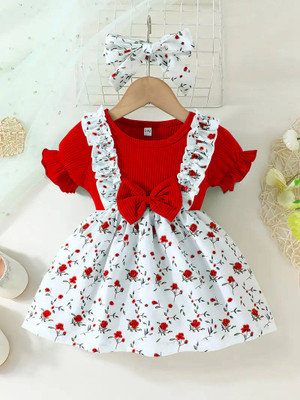 EVOSEL Baby Girls Midi/Knee Length Festive/Wedding Dress(Red, Short Sleeve)