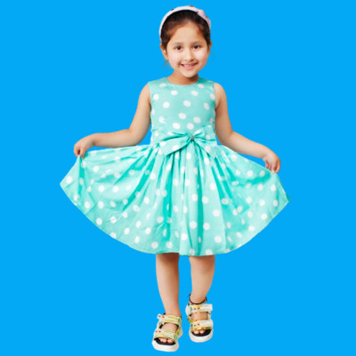 HouseOfCommon Girls Below Knee Casual Dress(Light Green, Sleeveless)