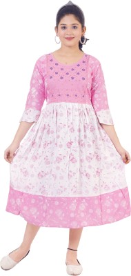 ANG FASHION Indi Girls Midi/Knee Length Casual Dress(Pink, 3/4 Sleeve)