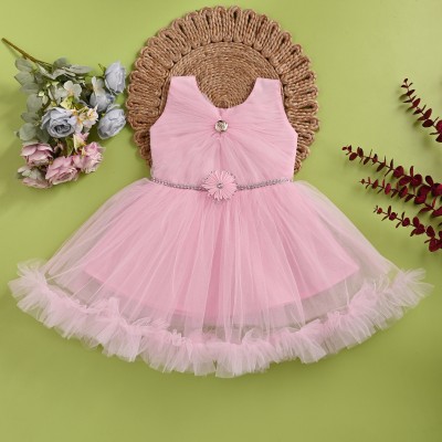 BOKUL DRESSES Girls Above Knee Festive/Wedding Dress(Pink, Sleeveless)