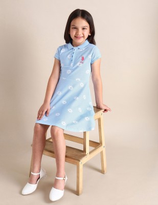 U.S. POLO ASSN. Girls Midi/Knee Length Casual Dress(Blue, Short Sleeve)