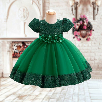 Hirva Tex Girls Midi/Knee Length Party Dress(Green, Short Sleeve)