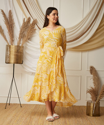 Mizuki Girls Maxi/Full Length Casual Dress(Yellow, White, Full Sleeve)